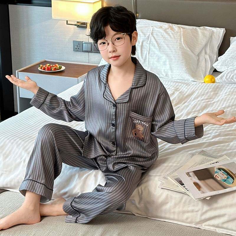 专柜品牌男童春款家居服夏季冰丝条纹空调服男孩时尚翻领开衫薄款