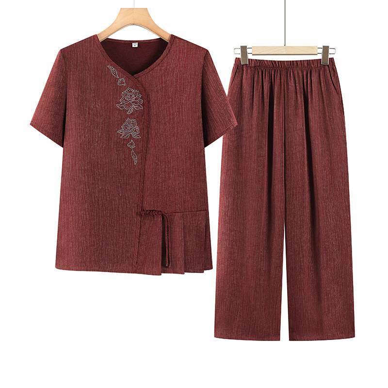 专柜官方中老年奶奶夏季新中式国风短袖套装妈妈装气质小衫裤子时