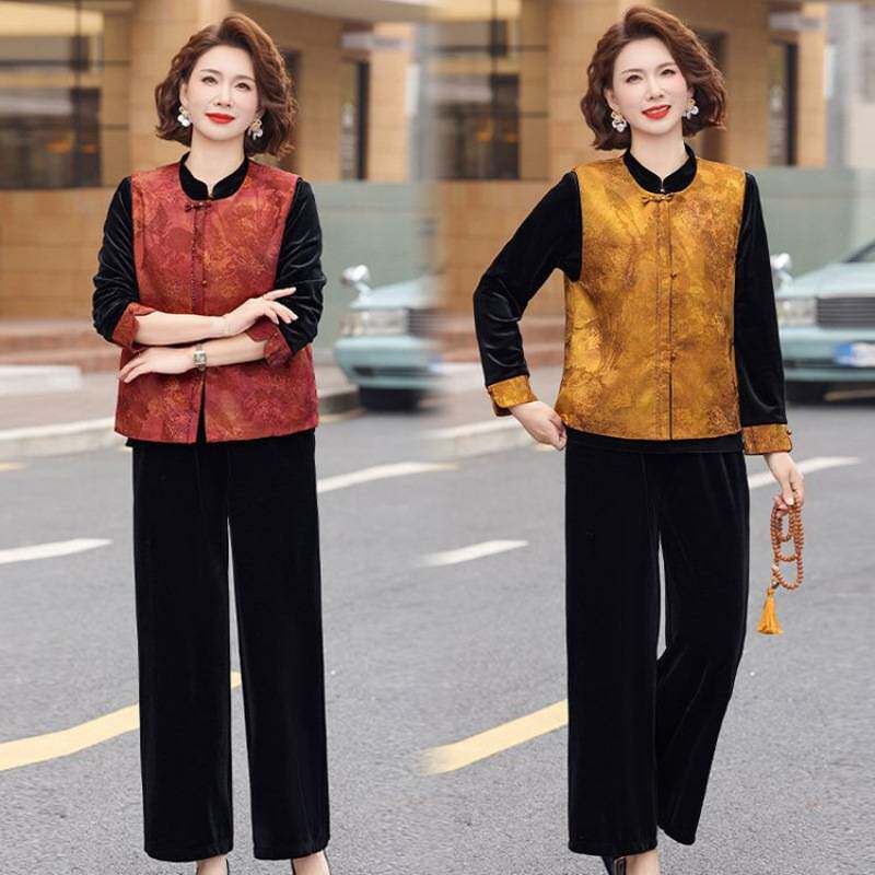 专柜品牌中年气质妈妈春装金丝绒套装中年女花色圆领国风马甲中老