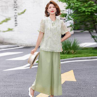 专柜官方妈妈夏装新中式国风衬衫阔腿裤两件套中老年妈妈时尚洋气