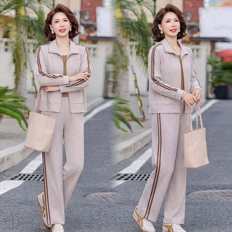 专柜品牌中年妈妈春装运动套装重工烫钻洋气翻领拉链外套女装两件