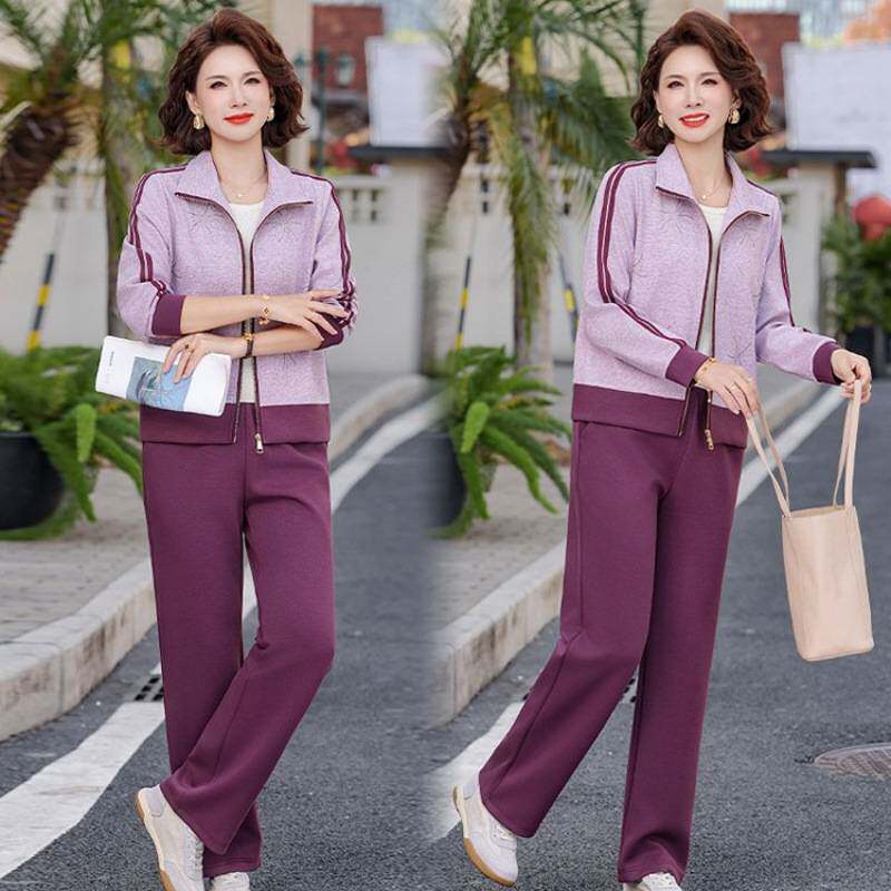 专柜品牌洋气妈妈春装休闲运动服中年女装翻领上衣中老年春秋新款