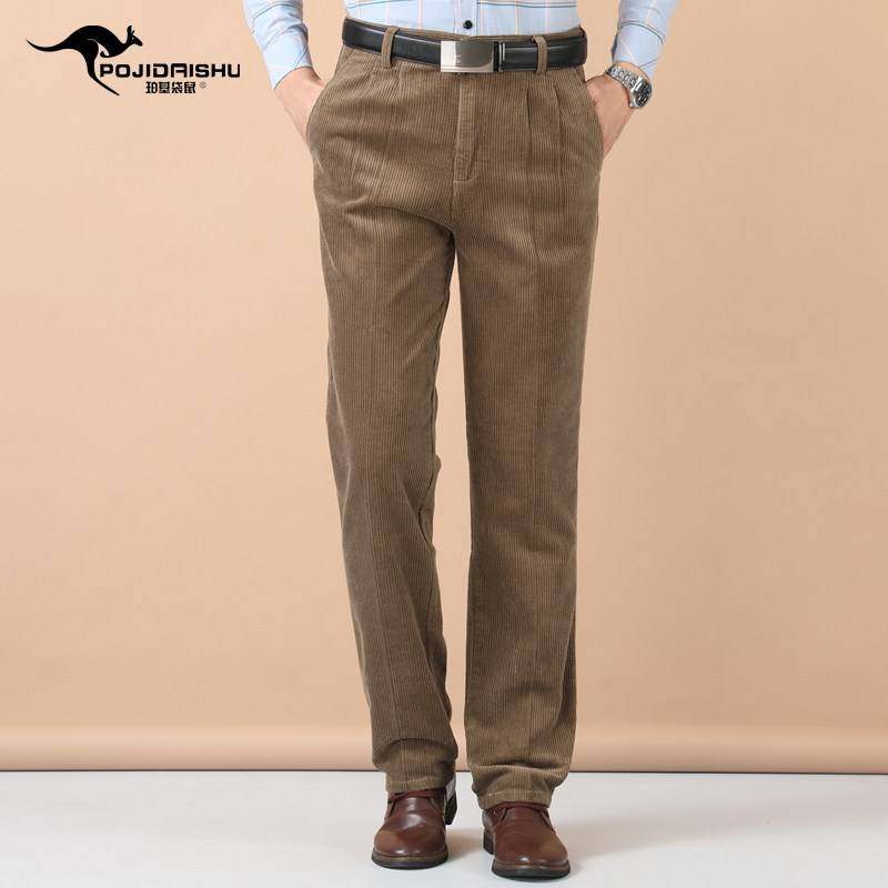 专柜品牌冬季厚款中年男式条绒裤休闲裤中老年高腰双褶宽松男裤子