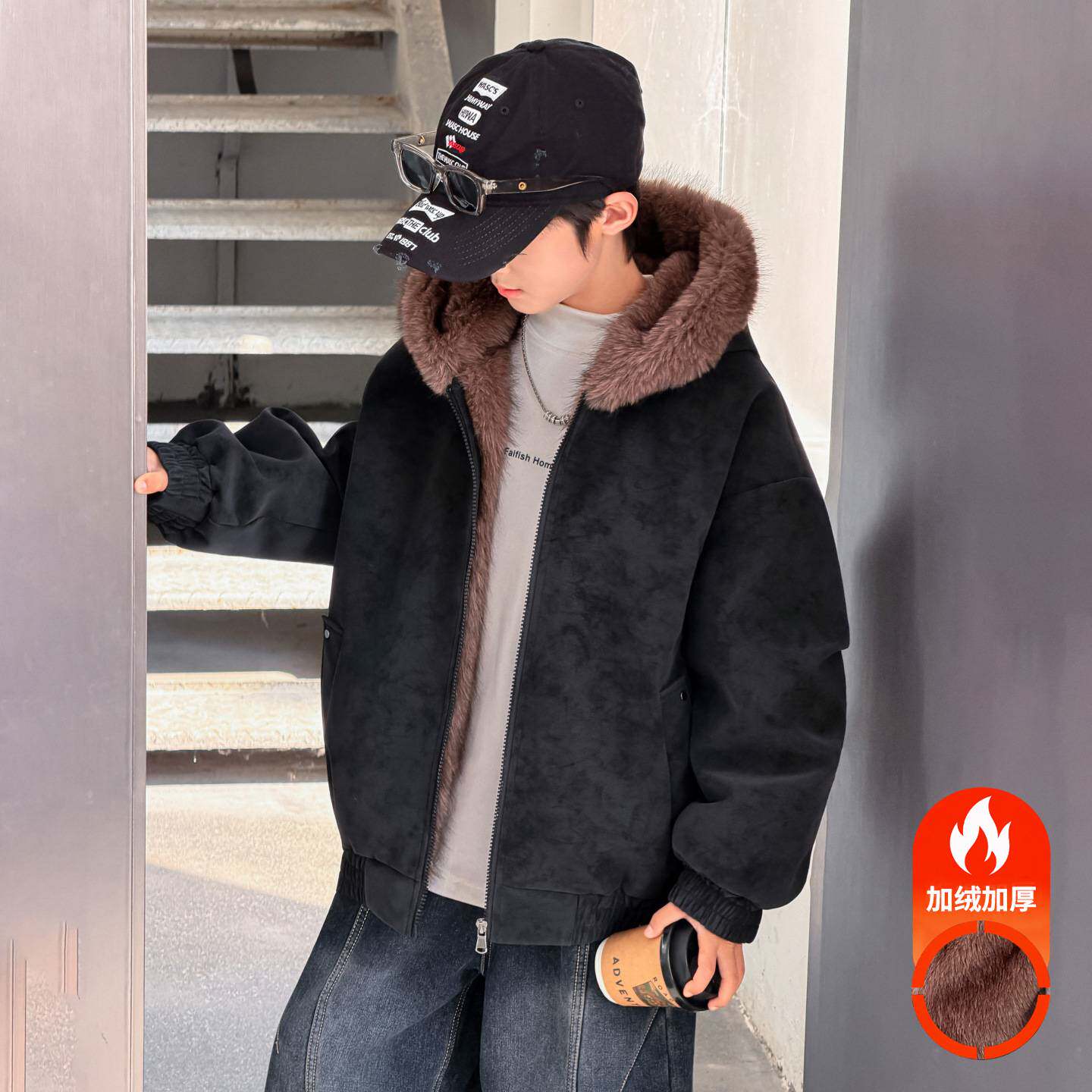 专柜品牌男童连帽鹿皮绒外套韩版秋冬装男孩潮酷时尚毛毛衣保暖派