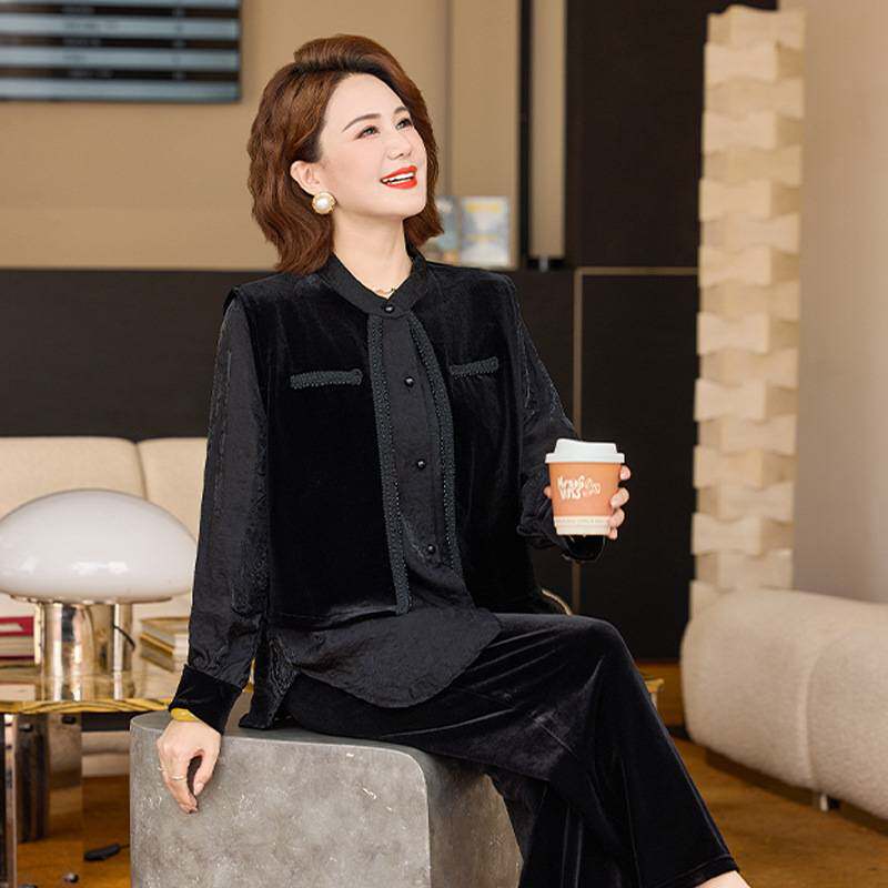 专柜官方金丝绒时尚套装女春秋款端庄大气上衣妈妈装中老年女装秋