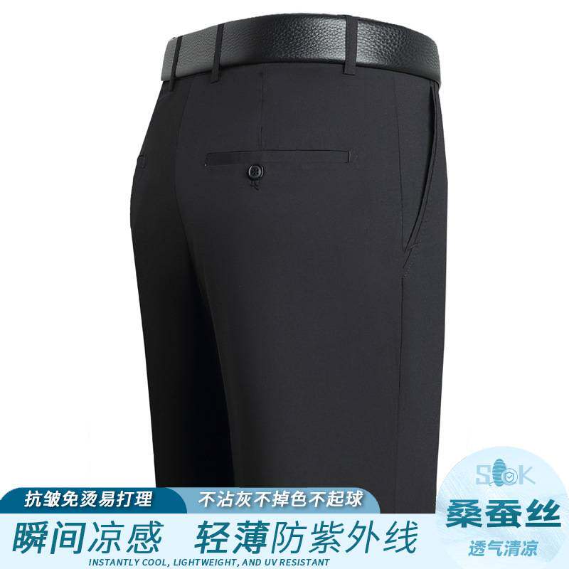 专柜官方2026年新款轻奢男士中老年薄款桑蚕丝宽松直筒免烫深档商