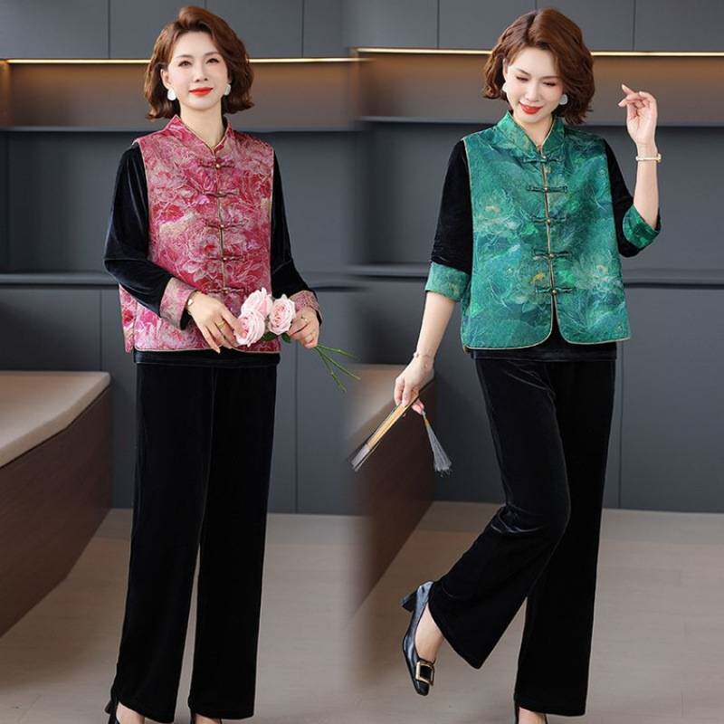 专柜品牌新中式妈妈秋装国风金丝绒长袖上衣三件套装中老年春秋马