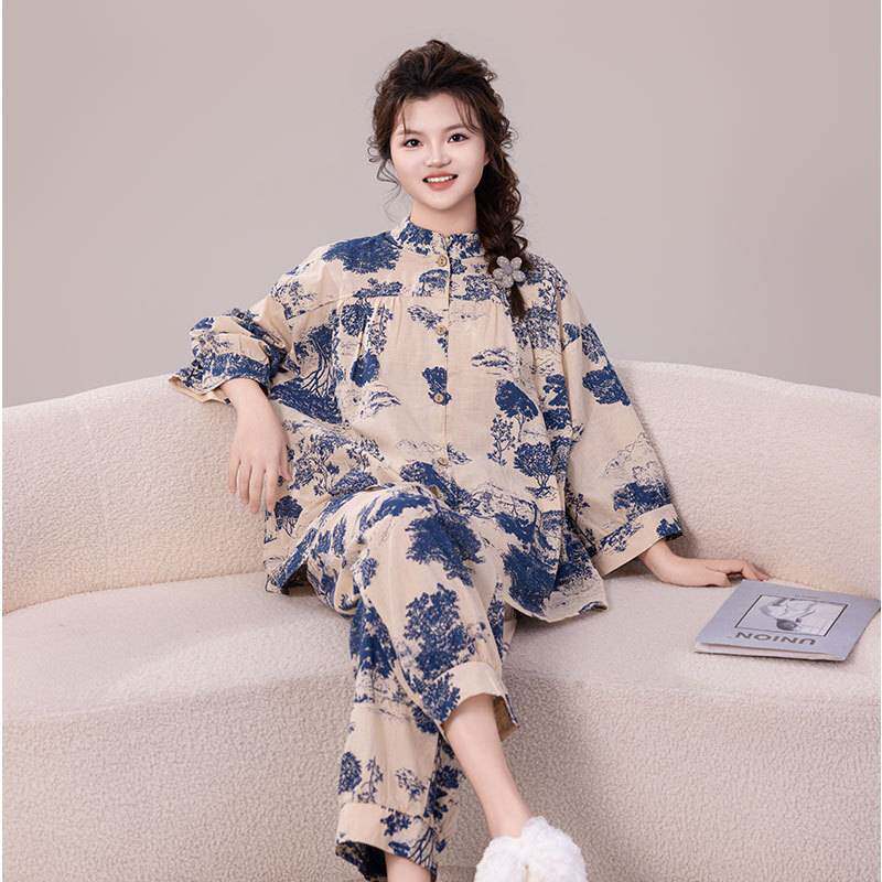 专柜品牌睡衣女春秋季纯棉长袖长裤国风印花可外穿新中式女士家居