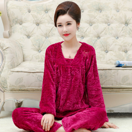 秋冬季中老年法兰绒睡衣女加厚珊瑚绒妈妈加绒加大码家居服套装冬