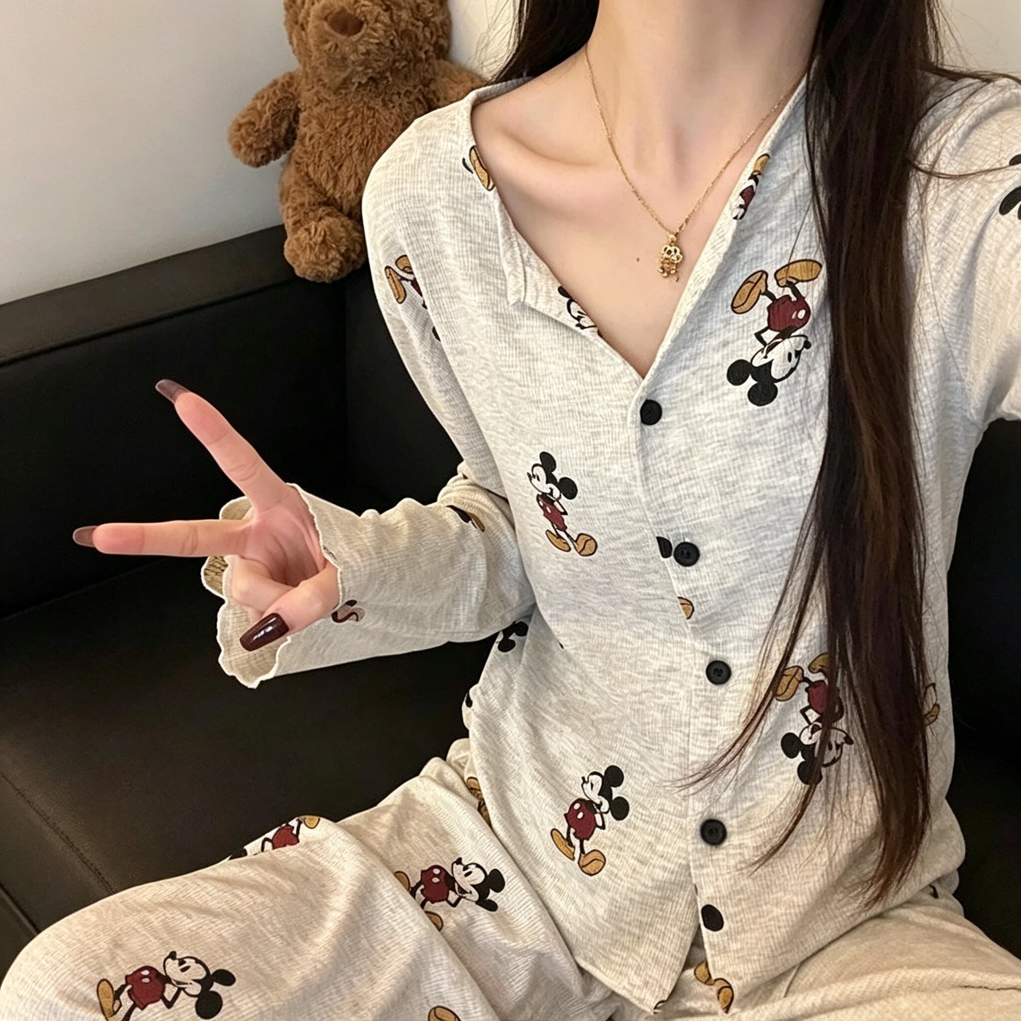 睡衣女士春秋韩版开衫长袖V领米老鼠慵懒休闲两件套家居服可外穿