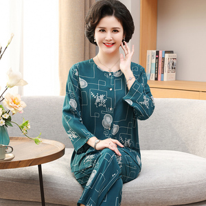 薄款夏季睡衣女纯棉长加大码宽松棉绸空调房中老年妈妈家居服套装