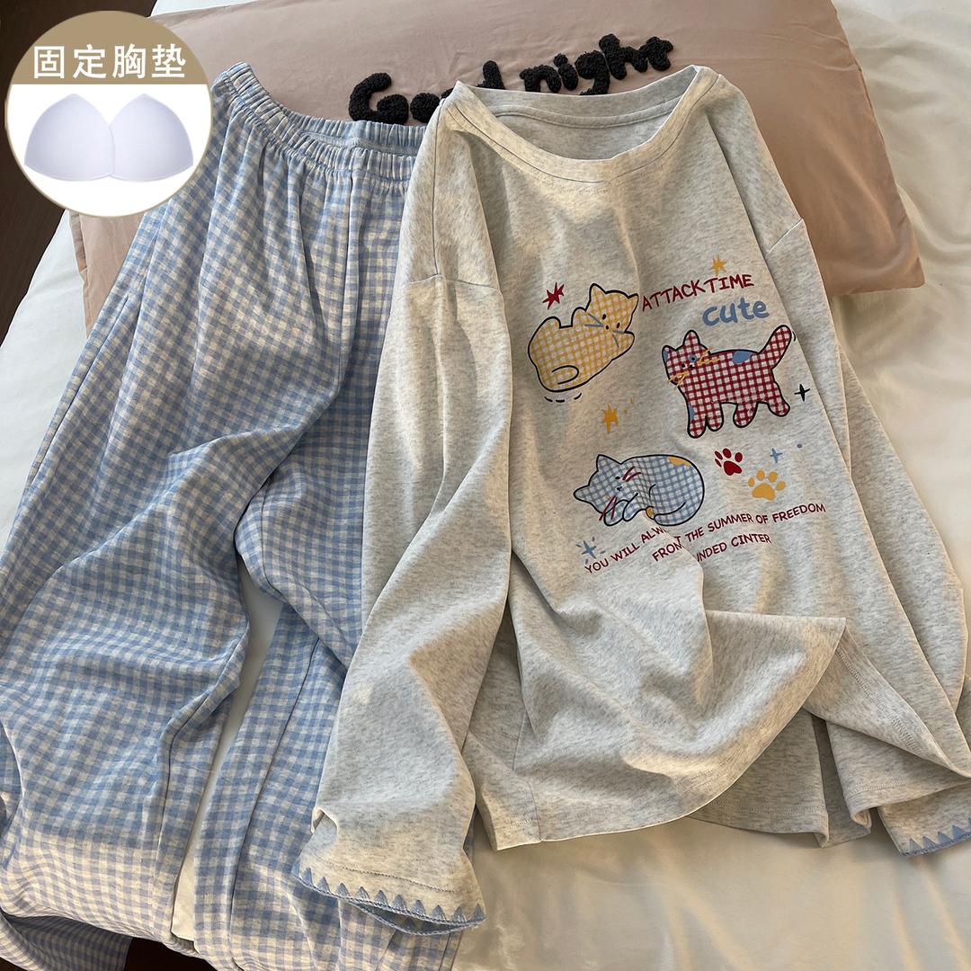 新款带胸垫睡衣女春秋季灰色纯棉宽松休闲长袖长裤学生家居服套装