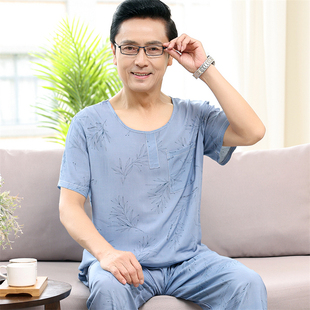 睡衣夏季 短袖 男士 棉绸薄款 可外穿 长裤 爸爸中老年人纯棉家居服套装