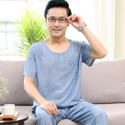 男士睡衣夏季棉绸薄款短袖长裤爸爸中老年人纯棉家居服套装可外穿
