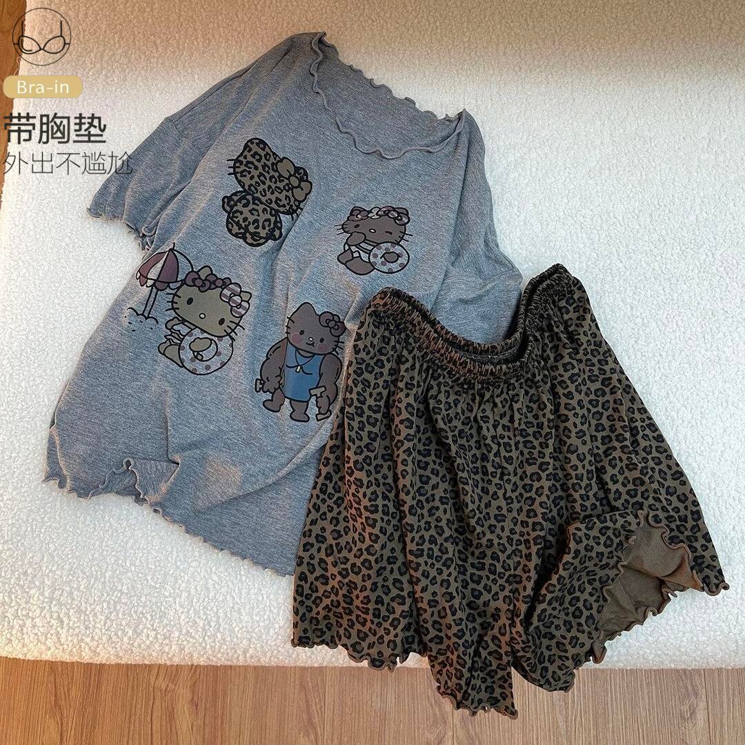 带胸垫短袖短裤可外穿慵懒家居服