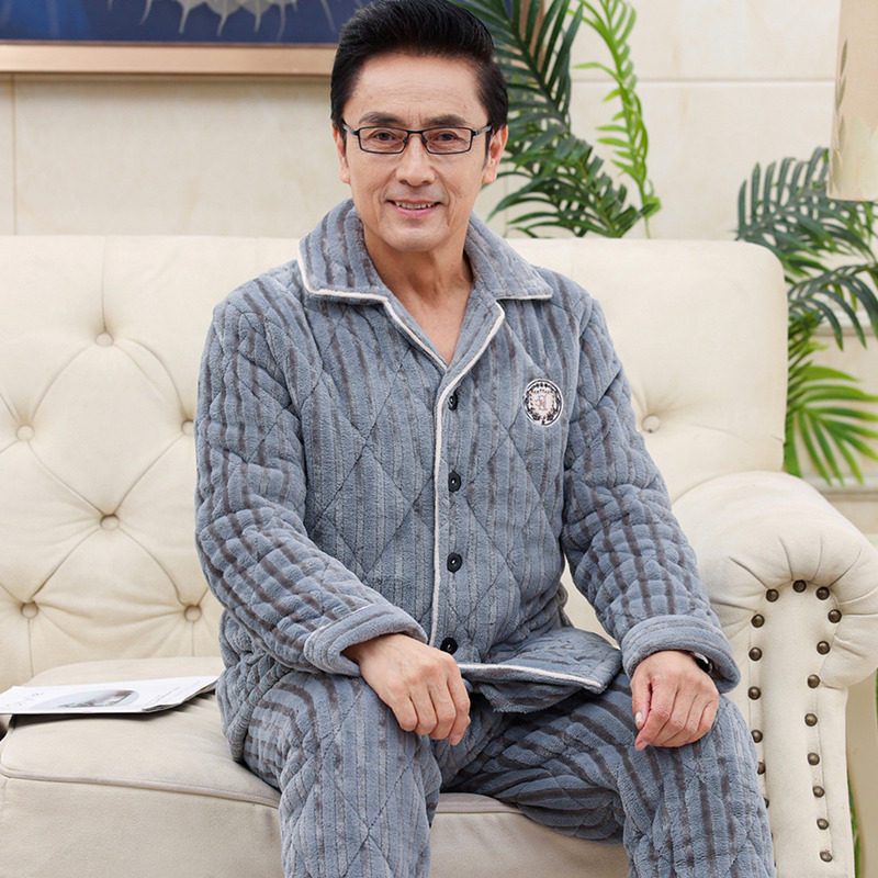 珊瑚绒夹棉睡衣男士中年中老年冬季保暖三层加厚家居服套装可外穿