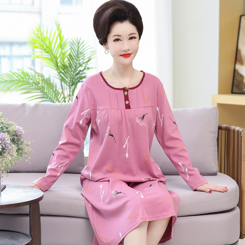 睡裙女春秋季纯棉长袖中年中老年妈妈睡衣家居服薄款长款2025新款