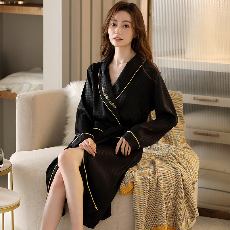 睡袍女冰丝春秋季长袖带腰带薄款浴袍加大码中长款纯色睡衣家居服