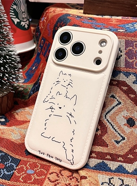 适用苹果17/华为Pura80/小米17/OPPO Reno14/VIVO X200简约线条小猫tpu全包手机壳iPhone13/16Promax米白软