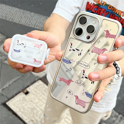 趣壳原创镜面适用苹果17/16/15/14Promax手机壳华为mate60/p70pro少女ins风AirPods耳机套iPhone13卡通小狗
