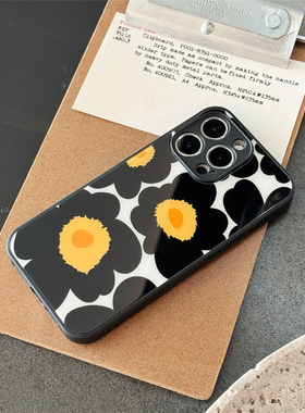 适用苹果/华为Pura70Pro/小米/OPPO/VIVO全包AG玻璃手机壳iPhone16/15/14/13/12/11Promax黑色花朵艺术时尚