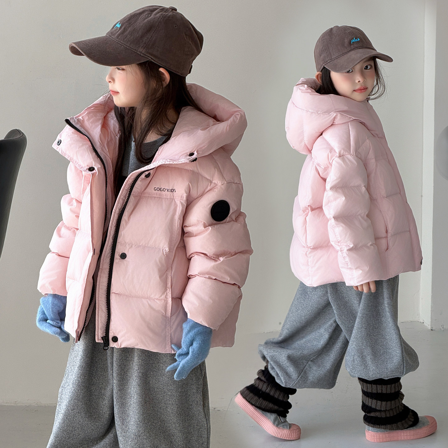 韩国童装儿童2026新款连帽羽绒服男女童加厚保暖90白鸭绒袖标外套