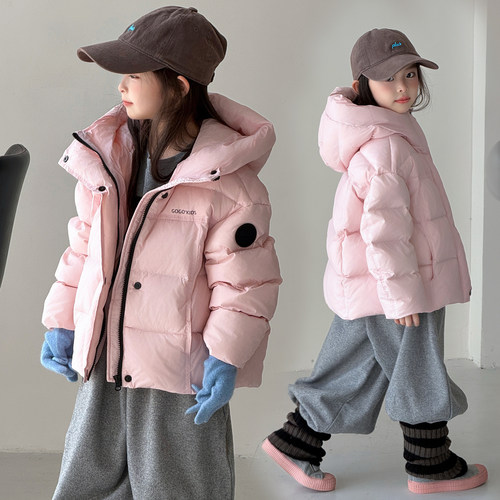 韩国童装儿童2026新款连帽羽绒服男女童加厚保暖90白鸭绒袖标外套