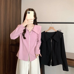 大码 针织开衫 女春秋胖mm宽松设计感双拉链短款 正肩上衣 海军领长袖