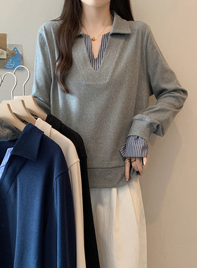 设计感假两件翻领条纹卫衣打底衫女秋冬胖妹妹大码宽松遮肚子上衣