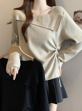 大码不规则一字肩毛针织衫女秋冬胖mm显瘦抽绳设计内搭打底衫上衣