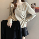 女秋冬胖mm显瘦抽绳设计内搭打底衫 大码 不规则一字肩毛针织衫 上衣