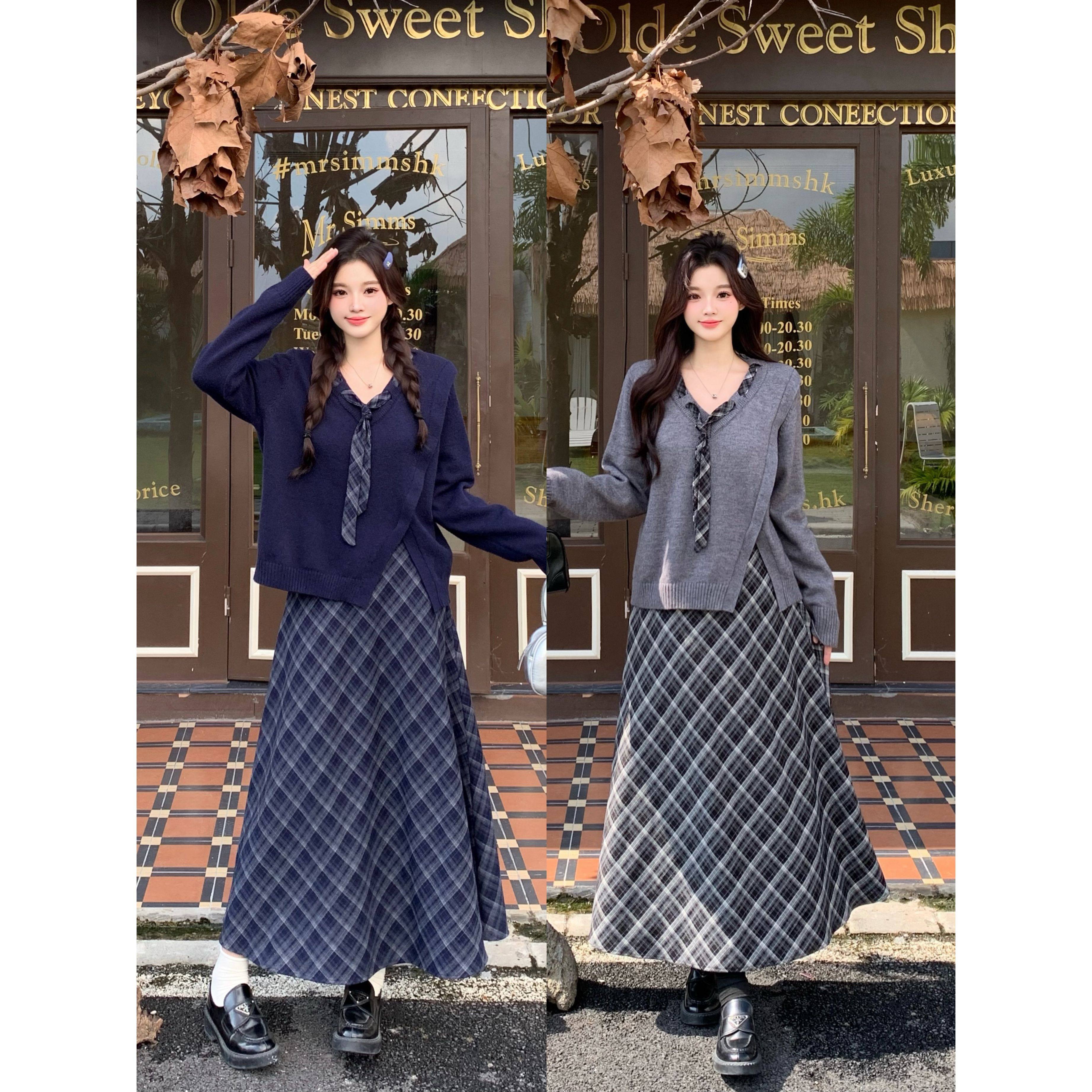 2025新款大码胖mm韩版针织长袖毛衣上衣女修身显瘦格纹半身裙套装