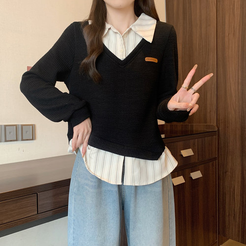 假两件拼接条纹衬衫卫衣女春秋2026大码胖mm不规则polo领打底上衣