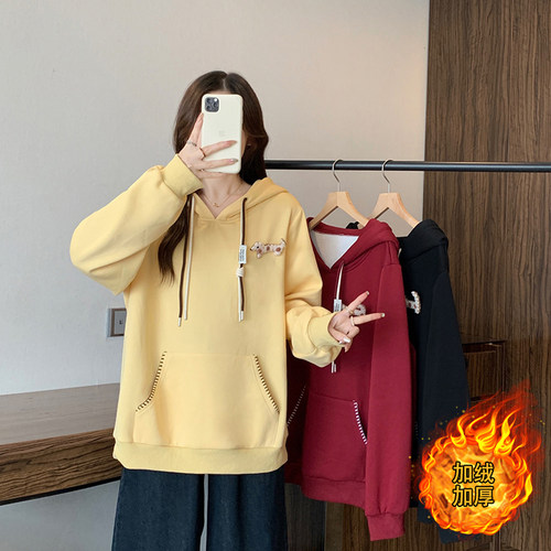 加绒加厚连帽卫衣打底衫女款秋冬大码胖mm宽松慵懒风立体卡通上衣
