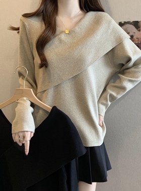 大码女装红色交叉V领长袖针织打底衫冬季胖mm显瘦巨好看内搭上衣