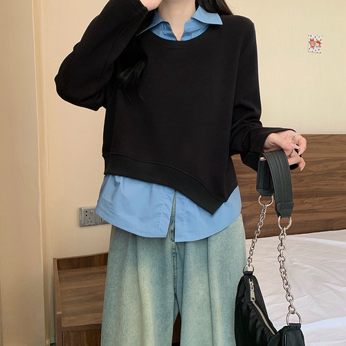大码女装遮肚子假两件拼接T恤
