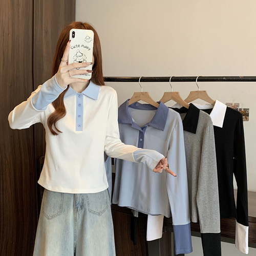 韩系撞色polo领长袖T恤女秋季大码微胖mm修身显瘦内搭打底衫上衣