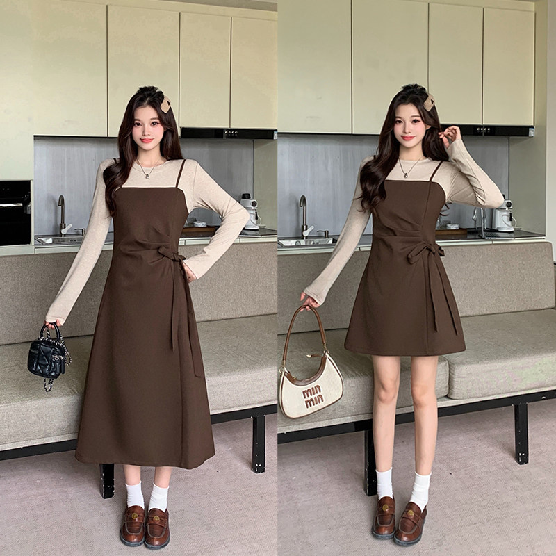 假两件拼接连衣裙女春秋新款大码胖mm显瘦系带收腰法式A字短裙子
