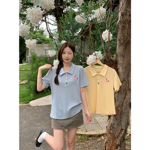 大码Polo领麻花针织短袖t恤女2026夏季新款胖mm宽松显瘦减龄上衣