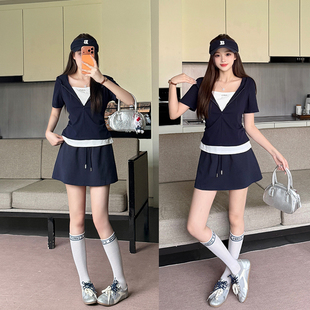 大码韩版藏青色运动套装女夏季胖MM洋气精致连帽上衣半身裙两件套