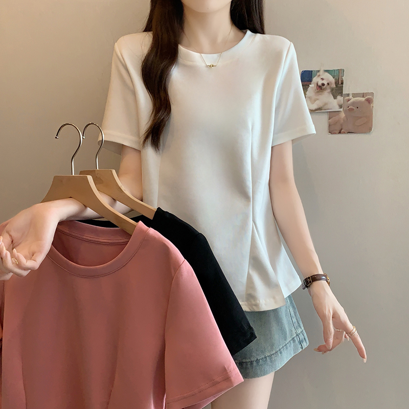 2025夏季新款大码女装气质知性简约方领正肩显瘦鱼尾下摆短袖T恤