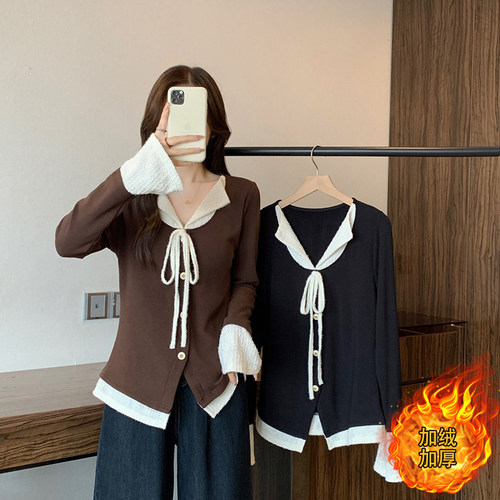 大码t恤女时尚撞色假两件