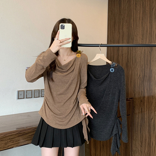 法式 大码 胖mm遮肚子显瘦设计感正肩长袖 t恤 不规则荡领上衣女春装