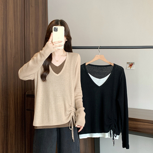假两件美拉德V领正肩针织衫女2025秋新款大码胖mm不规则抽绳上衣