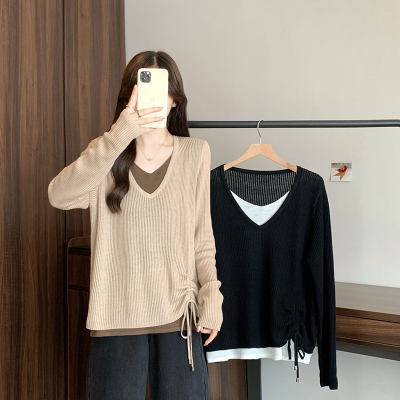 秋冬新款假两件微胖mm显瘦上衣