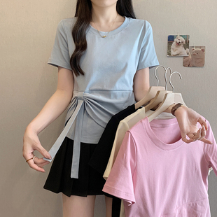 大码 法式 新款 系带蝴蝶结短袖 胖mm显瘦今年流行漂亮上衣 t恤女夏装