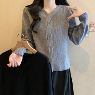 大码胖mm麻花V领灯笼袖针织衫女秋冬宽松显瘦遮肉毛衣内搭打底衫