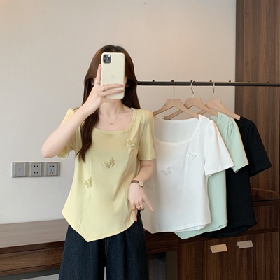 方领重工提花蝴蝶短袖T恤女夏季大码胖mm小众设计感百搭正肩上衣