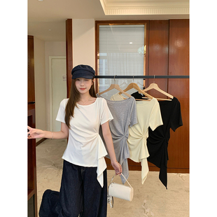 2026夏季 T恤女大码 胖MM港式 小众别致收腰减龄上衣 荷叶边抽绳短袖