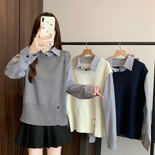 条纹衬衫拼接假两件针织马甲女